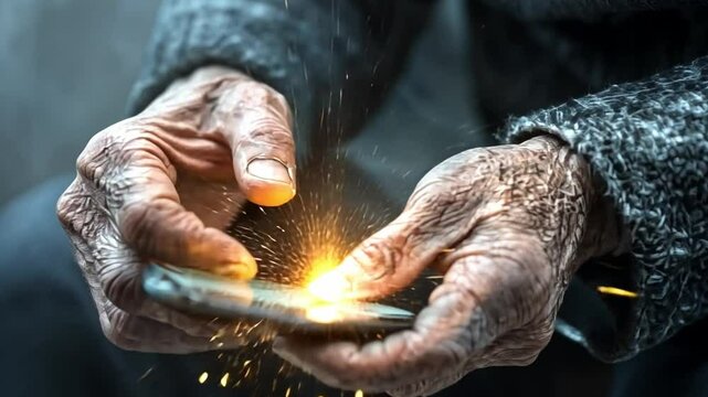 Hands of Time: Intricately detailed image of weathered hands holding a flint, sparking and telling a story of age, experience, and the enduring human spirit. 