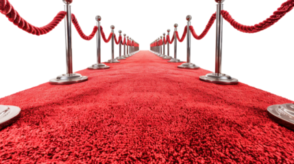 Red carpet entrance with silver stanchions and ropes leading to transparent background