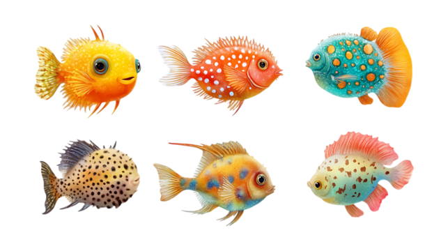 Pack Plumpy Pufferfish set in Different Poses Against Transparent Background for Marine Illustrations, Ocean Art, or Cute Sea Life Designs - Powered by Adobe