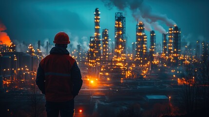 Worker Contemplating Industrial Complex at Night