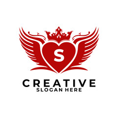 Letter S with wing love and Crown logo design vector template. Initial identity logo design vector