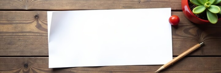 Obraz premium Blank white paper sheet on rustic wooden tabletop, office, copyspace, background