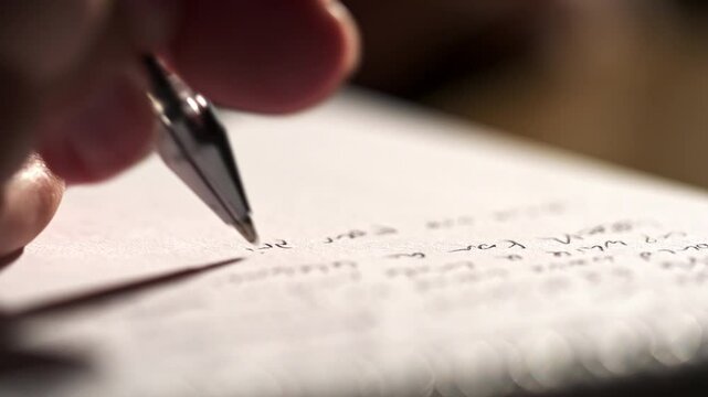 A close up shot of a person hand writing something in English with a pen in longhand. The video has beautiful studio lighting and great visual aesthetic quality.
