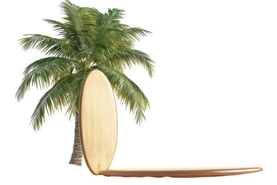 A sun-drenched surfboard rests beneath a lush palm tree, promising tropical escape and endless summer adventures against a bright white background.