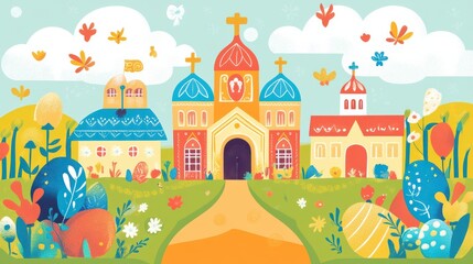Obraz premium Easter church craft Colorful illustrated church surrounded by whimsical nature and playful animals in a vibrant landscape.