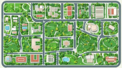 Detailed top-down city plan, showing various buildings, parks, and roads.  Green spaces, modern structures, and urban layout are clearly depicted.