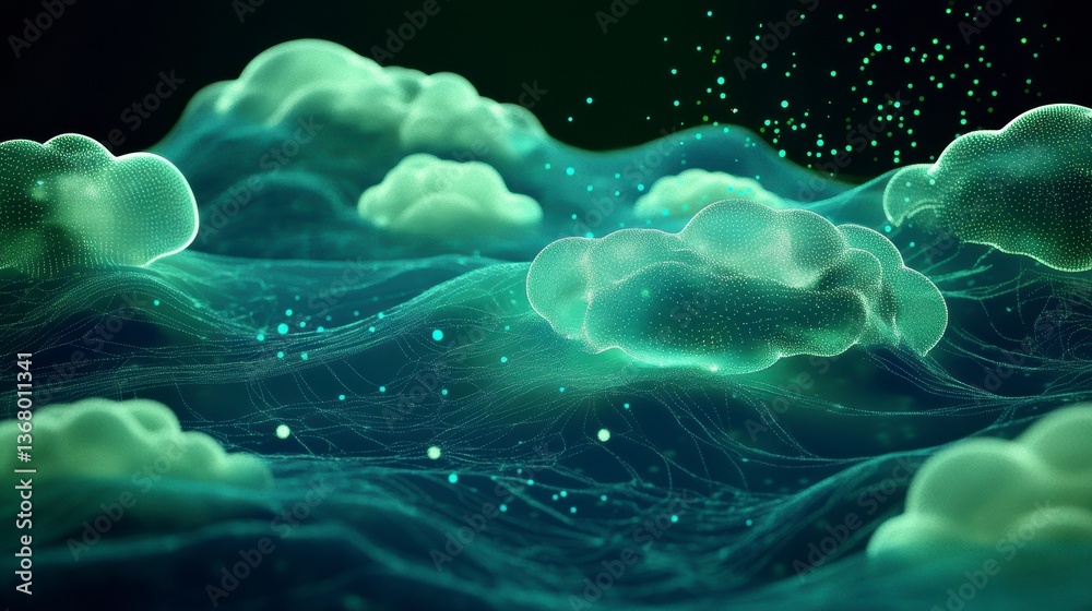 Poster Abstract green glowing cloudscape with digital network connections and particles.