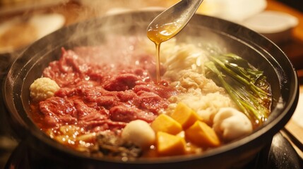 An artistic shot of sukiyaki being served, with a ladle pouring broth over the ingredients, capturing the delicious moment and inviting aromas.