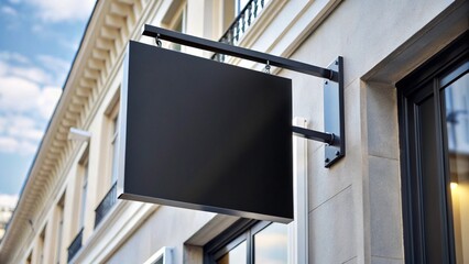 Blank square shop signboard outside a shop, mockup, white, empty, circular, storefront, street, advertising, display 