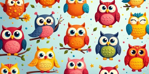 Brightly colored funny owls in a seamless design, owls, funny, vibrant