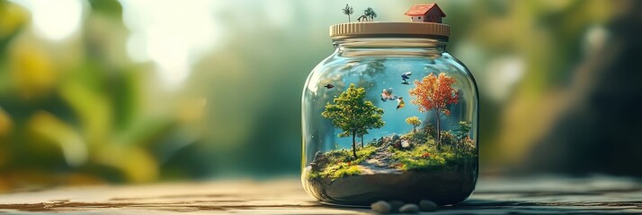 Miniature nature scene inside glass jar.