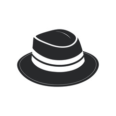 A black and white vector illustration of a vintage cowboy hat with a curved brim and structured crown on a white background