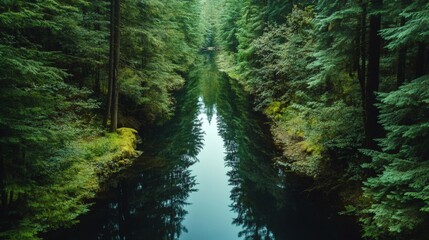 Obraz premium Calm river flows through lush green forest. Perfect for nature, tranquility, and serenity themes
