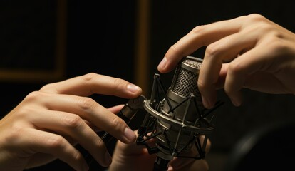 Male hands adjusting microphone in recording studio setting, representing teamwork and professionalism.