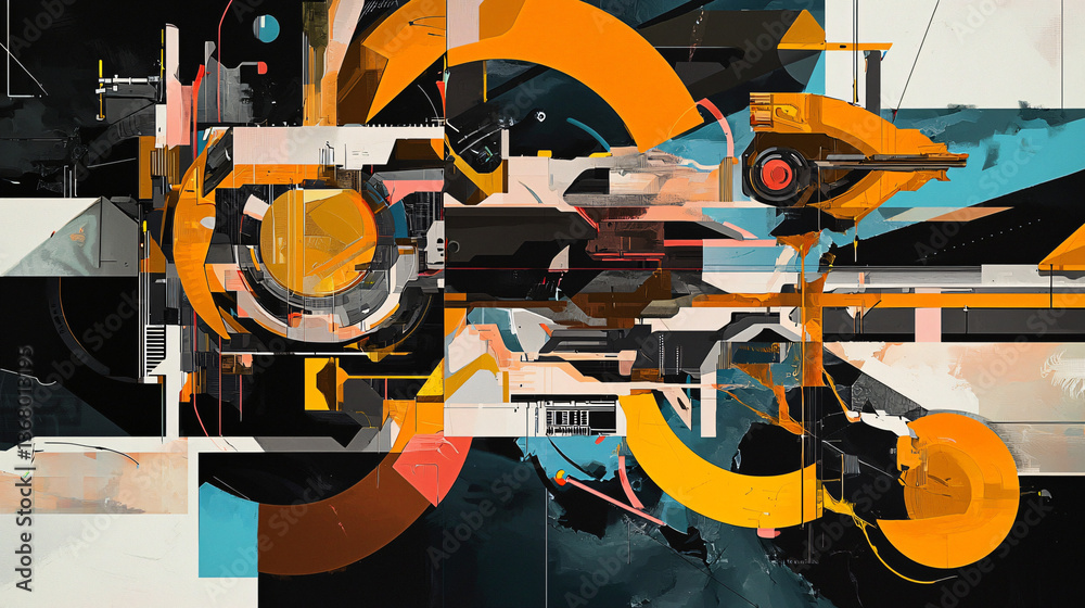 Poster colorful abstract artwork featuring a complex composition of intersecting and overlapping shapes cre