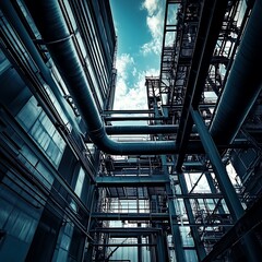 Fototapeta premium Industrial Complex Steel Structure and Pipelines Against a Cloudy Sky. A low-angle perspective showcases the intricate network of metal frameworks and large pipes within a modern industrial setting.