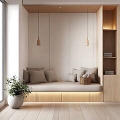 Serene Minimalist Reading Nook Modern Interior Design with Built-in Seating and Wooden Accents.