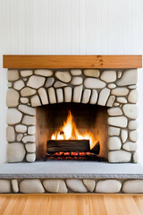 Cozy stone fireplace with burning wood logs