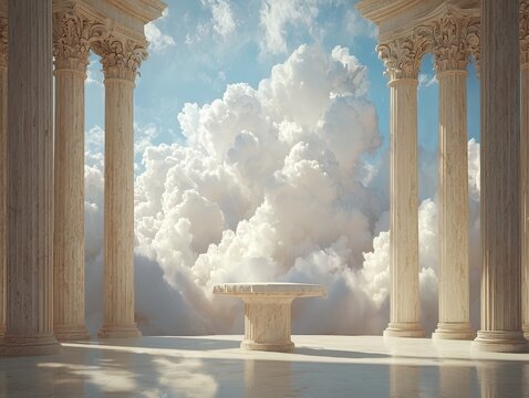 Celestial Scene: Ancient Greek Columns and Table with Fluffy Clouds and Blue Sky
