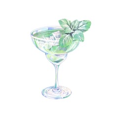 Alcoholic Drink Mojito Cocktail With Mint In A Margarita Glass, Lime Fruit, Gin Tonic, Watercolor Illustration On A White Background
