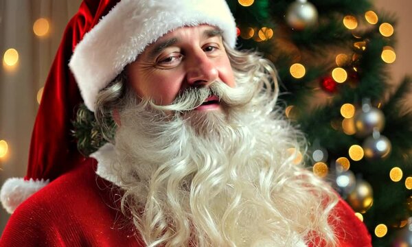 Santa Claus with long white beard is singing. Santa wearing red costume and white gloves smoothing his beard on Christmas background. Vertical