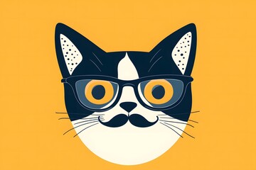 Flat illustration of a cat wearing glasses and a fake mustache, funny and whimsical design, playful colors, clean aesthetic