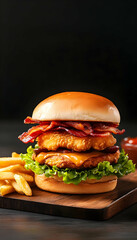 Crispy chicken, bacon burger with cheese, lettuce, and fries