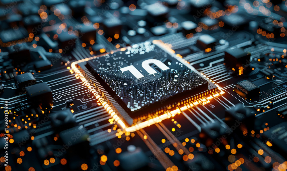 Poster futuristic information technology concept with info symbol on microchip on digital motherboard - 3d 