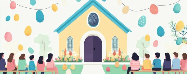 Easter church craft Colorful illustration of a gathering outside a cheerful house decorated for an event.