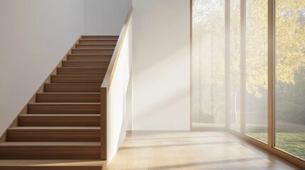 Fototapeta premium An elegant staircase in a minimalist home, showcasing wooden steps and a simple railing, leading to a bright upper level with large windows and natural light.