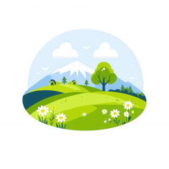 Obraz premium Beautiful illustration of rolling hills with a mountain backdrop, lush greenery, and scattered yellow flowers. The sky is bright with clouds and birds, creating a serene landscape.