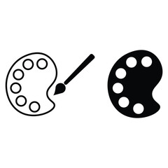 Artist palette with brushes outlined and flat black icon collection. Pallet and brush silhouette icon vector illustration.