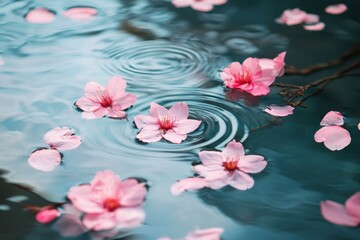 Pink cherry blossoms floating on water surface with ripples