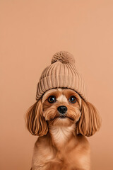 Cute fluffy dog in a beige knit beanie against a muted brown background