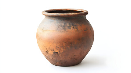 Realistic terracotta pottery art featu a handcrafted clay pot in earthy tones against a clean white background with ample copy space for text use