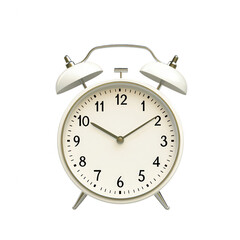 Classic alarm clock with a white face and silver hands, perfect for home decor, time management, and reminders. Isolated on white background for clear focus.