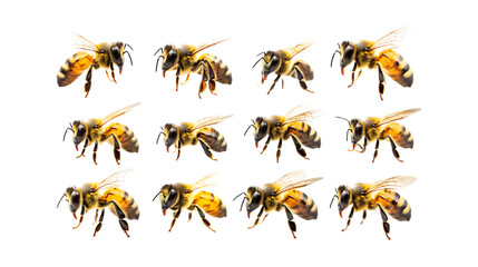 Pack Buzzy Bee set in Different Poses Against Transparent Background for Nature Illustrations, Honeybee Art, or Pollination-Themed Designs