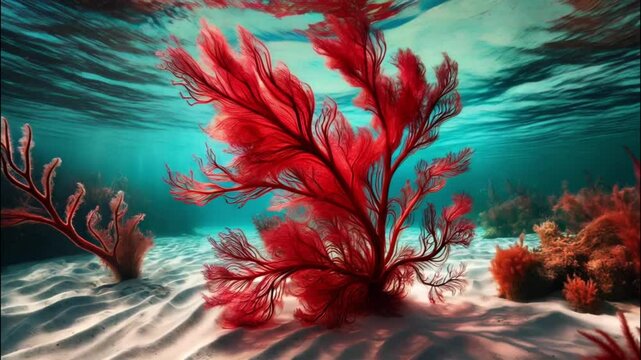 Vibrant red algae swaying underwater in clear turquoise water with tranquil ambiance
