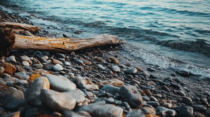Obraz premium Driftwood on a pebbled shoreline, gentle waves lapping the shore.