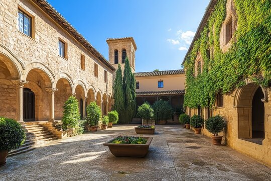 Cloister of sant cugat monastery showing romanesque and gothic architecture