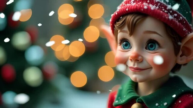 Elf with pointy ears and red and green outfit smiling in the snow