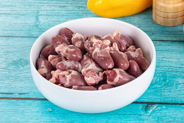 Raw chicken hearts for cooking