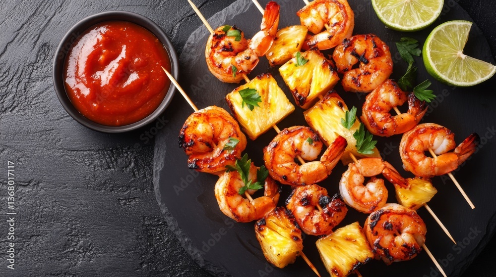 Poster an overhead shot of skewers of shrimp and pineapple, glazed with barbecue sauce, placed on a dark sl