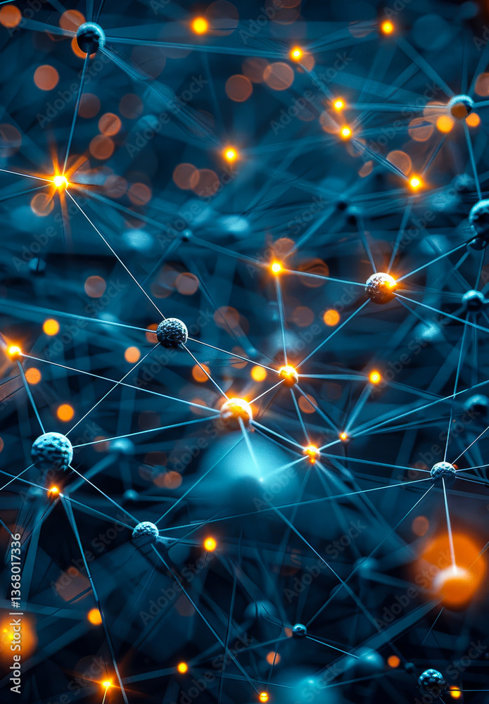 Poster dynamic network with glowing nodes in abstract connectivity concept, detailed interconnected element
