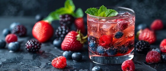A glass with a drink garnished with berries and mint on a background of various fruits. Great for beverage advertising, cooking blogs and summer recipes.