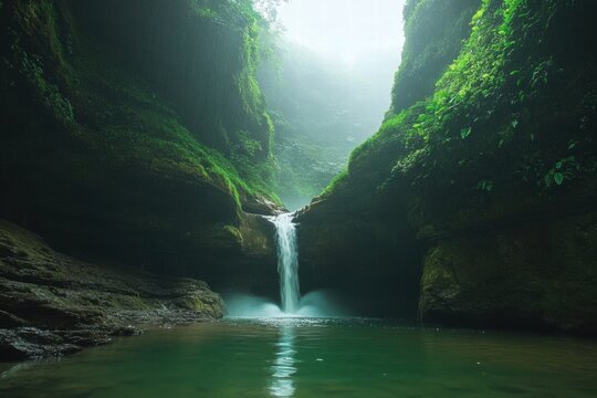 Serene waterfall in a lush tropical rainforest