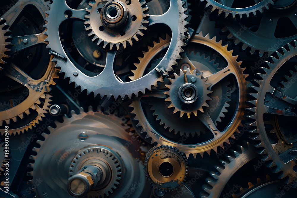 Poster close-up of interconnected metal gears, symbolizing teamwork and precision engineering