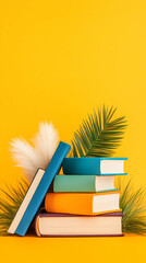 Colorful books stacked with pampas grass and palm leaves against a vibrant yellow background