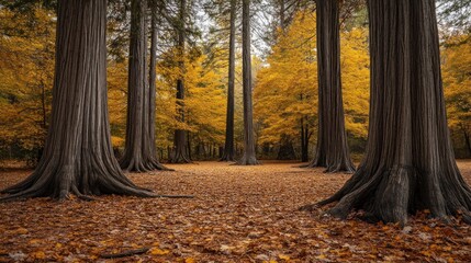 Walking in Golden Autumn Forest with Tall Trees and Fallen Leaves