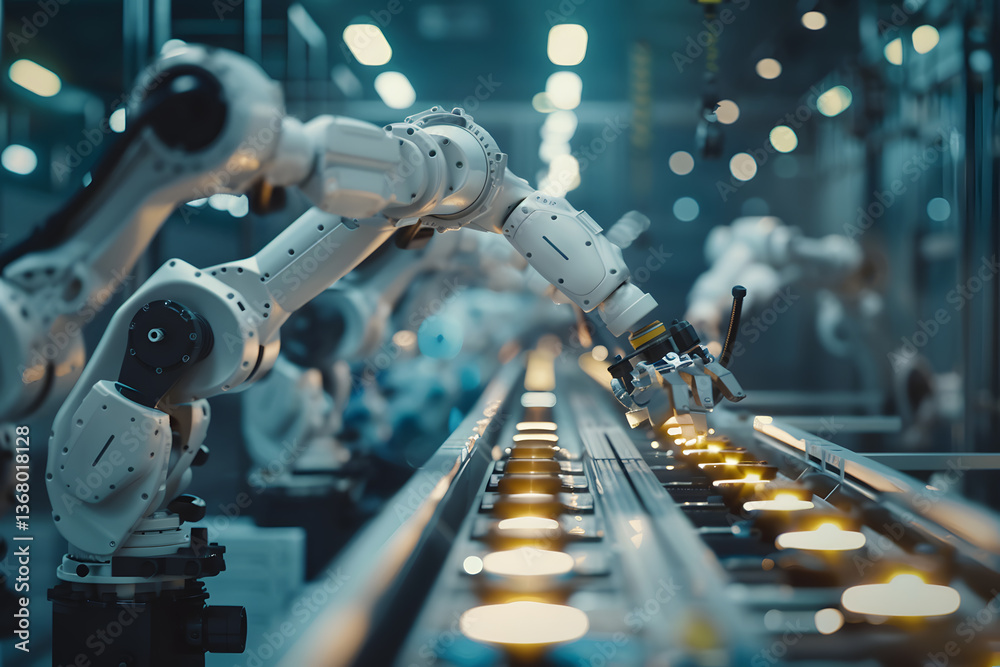 Poster Advanced robotic arm in high-tech factory assembly line